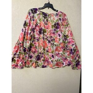 Scoop Womens Floral Sheer Chiffon Bell Sleeve Top Pink Purple Size M